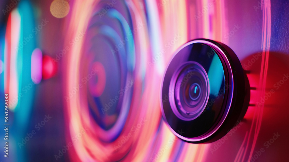 Close-up of IoT sensors against a backdrop of swirling colors, illuminated by dynamic, neon lights to highlight their futuristic design Close-up of IoT sensors against a backdrop of swirling colors, illuminated by dynamic, neon lights to highlight their futuristic design
