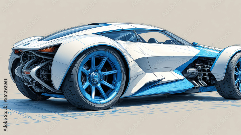 Fototapeta premium car concept technical drawing in blue tones on a white background