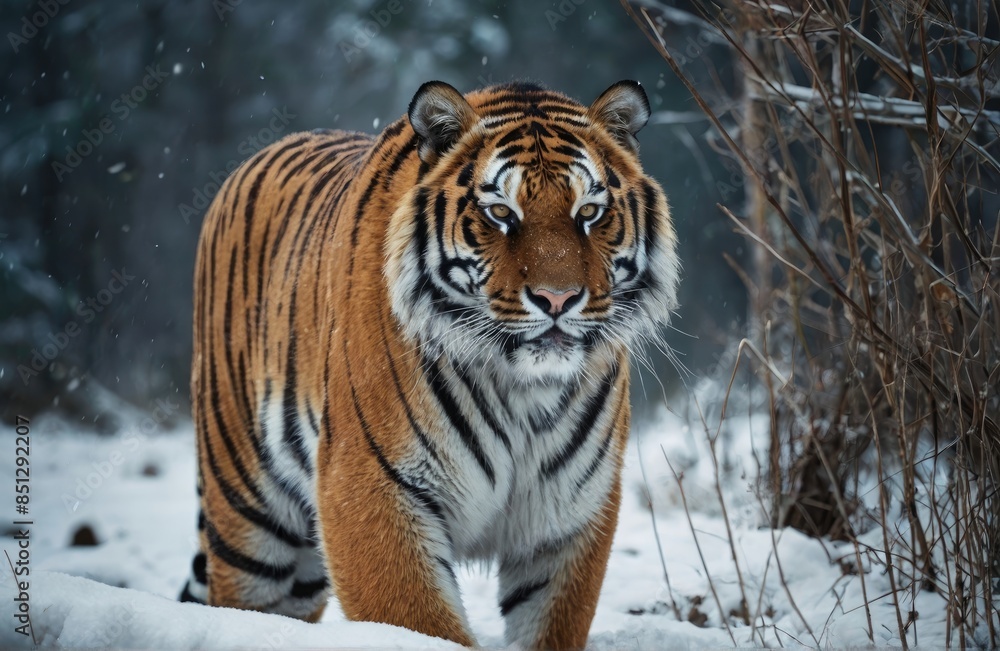 Tiger in the deep snow wild winter nature.