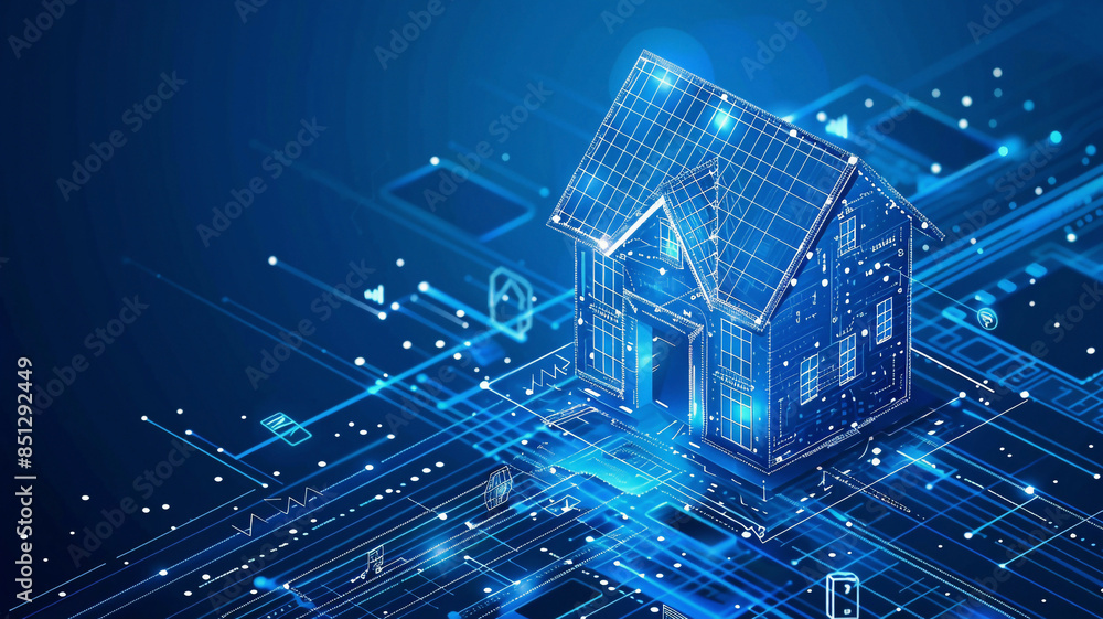 Digital smart home technology banner, building of numbers, smart device icons connected, intelligent house control system, IoT, blue background, futuristic and detailed Digital smart home technology banner, building of numbers, smart device icons connected, intelligent house control system, IoT, blue background, futuristic and detailed