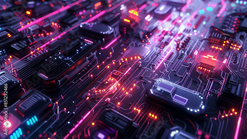 Digital tech development concept, interconnected glowing circuits, futuristic design, vibrant colors, detailed and high-tech environment