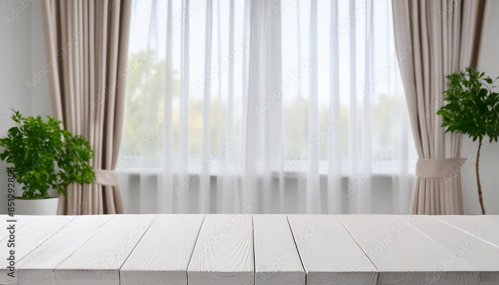 Fototapeta premium white Wooden table top on blurred background of white half curtained white window