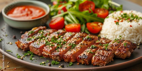 Gourmet meat steak, vegetable salad, sauce and rice on a plate. Delicious healthy grilled meat and vegetable meal on white background. Balanced nutrition concept.