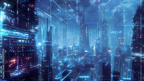 Futuristic cityscape with interconnected smart devices, glowing lines representing data flow, cyberpunk aesthetic, subtle blue lighting