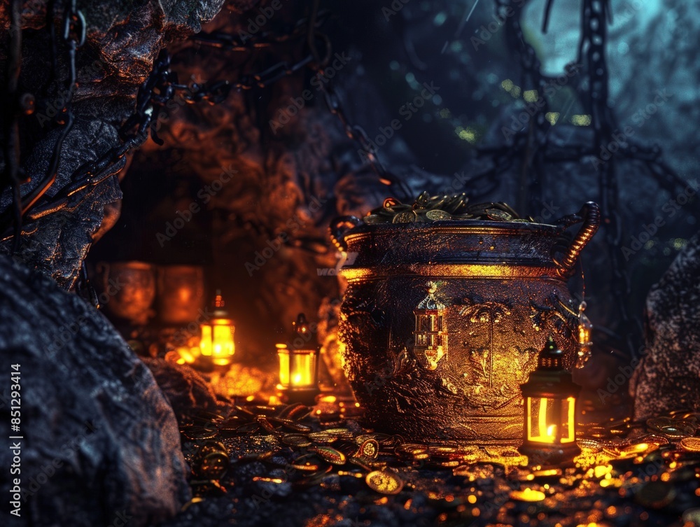 A gold pot with a chain hanging from it is surrounded by several lanterns. The scene is dark and mysterious, with the gold pot and lanterns creating a sense of intrigue and adventure, 3d render. A gold pot with a chain hanging from it is surrounded by several lanterns. The scene is dark and mysterious, with the gold pot and lanterns creating a sense of intrigue and adventure, 3d render.