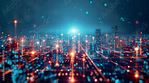 Futuristic smart city with interconnected communication network, digital data flow, high-tech urban design, bright and detailed, vibrant city lights