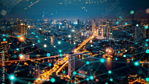 Futuristic wireless network in Bangkok city, abstract background, glowing connection lines, high-tech atmosphere, detailed and vibrant cityscape