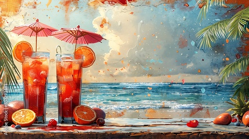 Exotic tropical drinks garnished with umbrellas and fruit