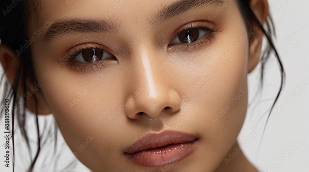 Close up portrait of beautiful Asian female model in 20s with perfect glowy skin Close up portrait of beautiful Asian female model in 20s with perfect glowy skin