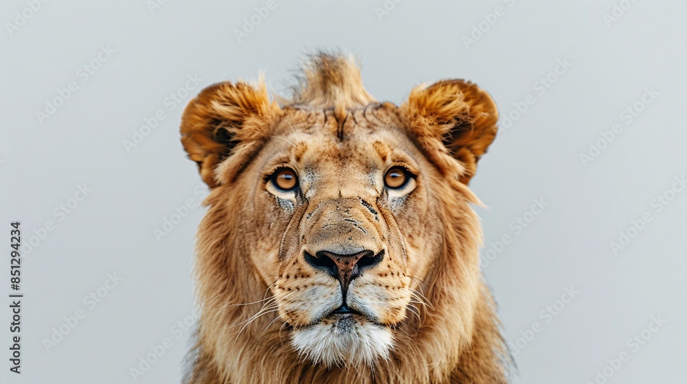 A close-up portrait of a curious lion gazes directly into the camera, set against a pristine white background. The lion's intense, inquisitive expression is sharply detailed, providing ample copy A close-up portrait of a curious lion gazes directly into the camera, set against a pristine white background. The lion's intense, inquisitive expression is sharply detailed, providing ample copy