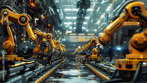 IoT-enabled factory with robotic arms and connected machinery, ultra-detailed, industrial lighting, efficient atmosphere