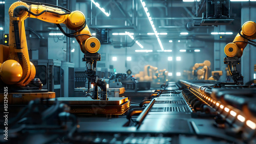 IoT-enabled factory with robotic arms and connected machinery, ultra-detailed, industrial lighting, efficient atmosphere