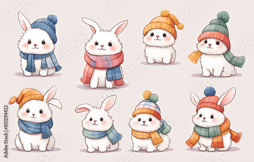 Cartoon dutch rabbit   wearing hats and necklaces,litele bears ,Duoge Comics. Multi grid emoticons, multiple animal avatars and expressions