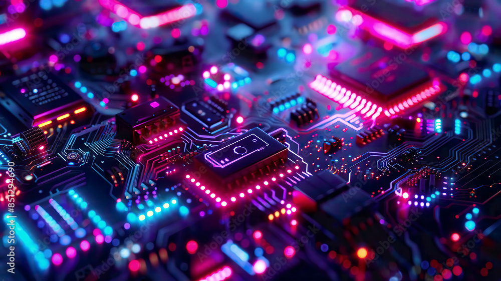 Macro shot capturing the tiny components of IoT sensors, illuminated by vibrant, neon lights against a dark, futuristic background Macro shot capturing the tiny components of IoT sensors, illuminated by vibrant, neon lights against a dark, futuristic background