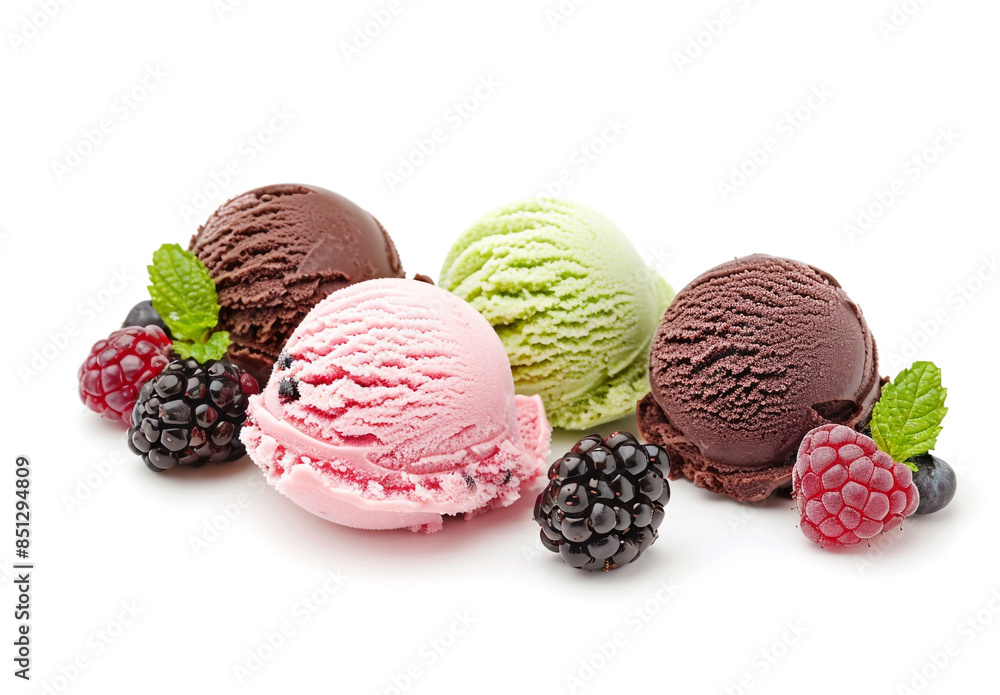 Scoops of ice cream in pink, green and chocolate colors with berries on white background Scoops of ice cream in pink, green and chocolate colors with berries on white background