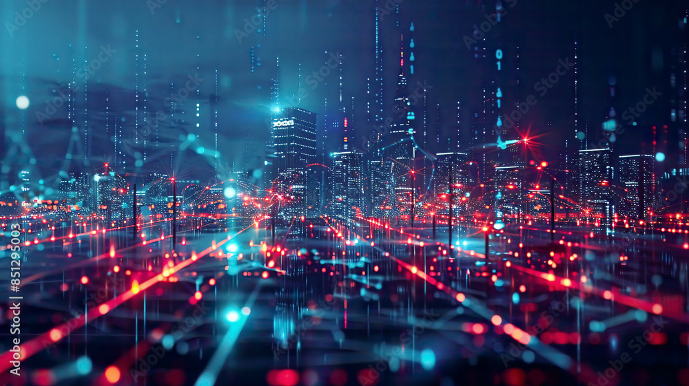 Modern cityscape at night with wireless network connections, glowing lines representing data flow, vibrant city lights, high-tech atmosphere, detailed and futuristic Modern cityscape at night with wireless network connections, glowing lines representing data flow, vibrant city lights, high-tech atmosphere, detailed and futuristic