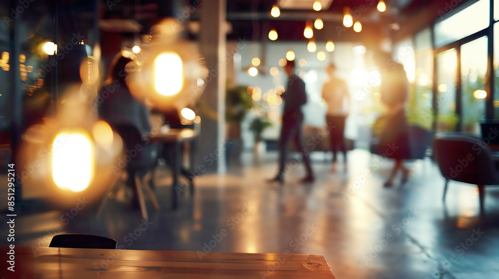 Office space with blurred casual-dressed people, bokeh background, professional yet relaxed atmosphere, modern design, soft lighting Office space with blurred casual-dressed people, bokeh background, professional yet relaxed atmosphere, modern design, soft lighting