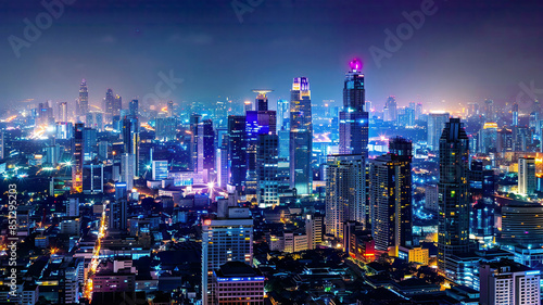 Nighttime view of Bangkok, Thailand, featuring smart network and connection cityscape, detailed skyline with vibrant lights, modern and high-tech environment