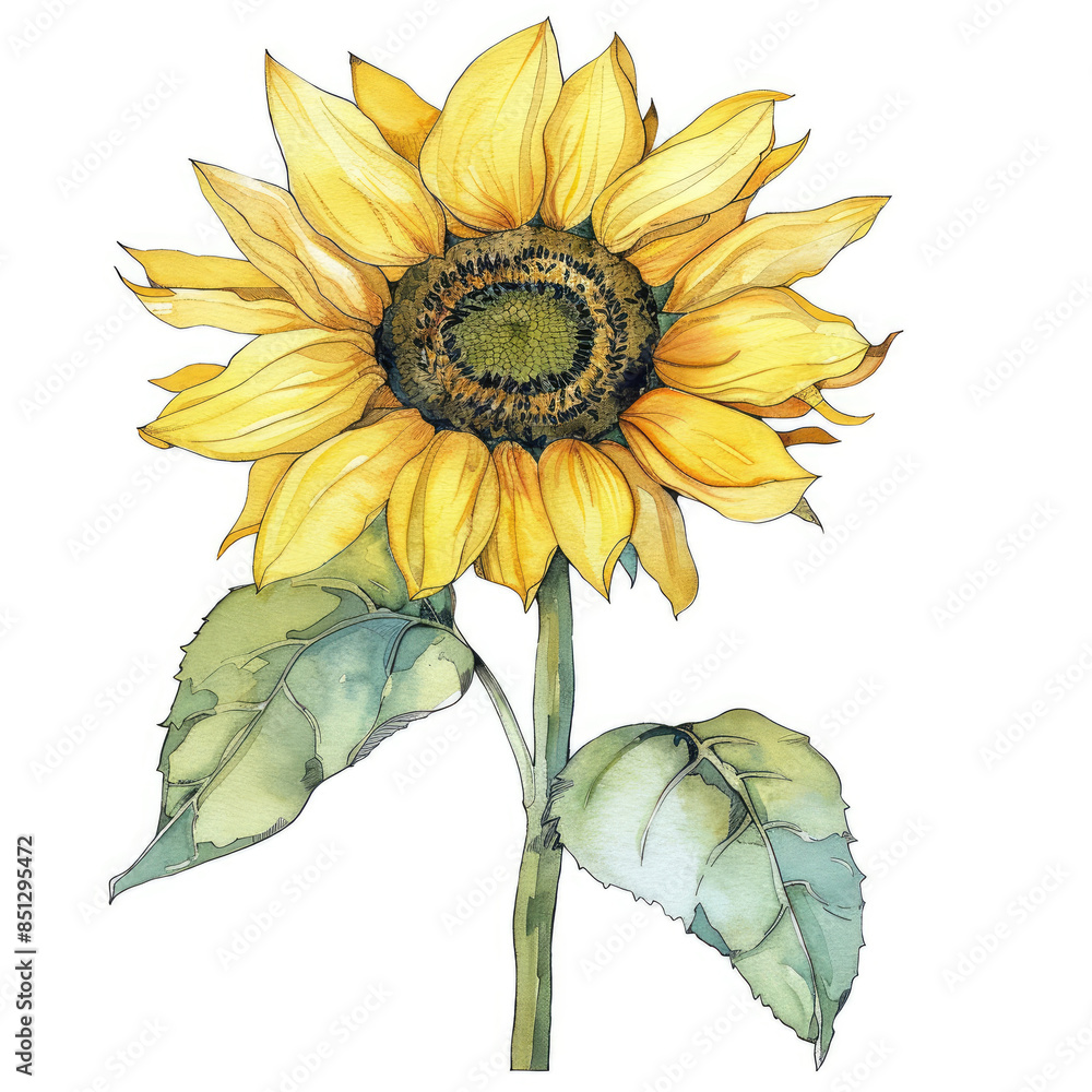 Fototapeta premium Watercolor artwork of a blooming sunflower with green leaves isolated on a white background