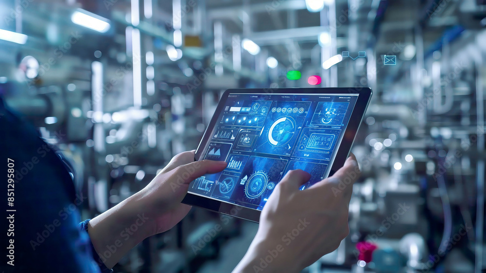 Tablet displaying smart industry controls in hands, automation machines blurred in background, futuristic technology, detailed industrial environment Tablet displaying smart industry controls in hands, automation machines blurred in background, futuristic technology, detailed industrial environment