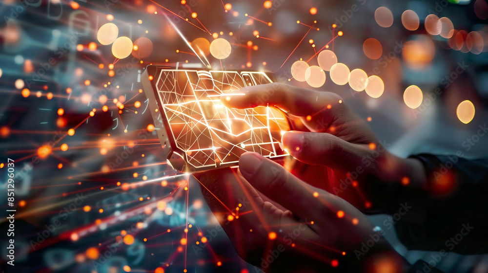 Wireless mobile internet technology with 5G LTE, hand interacting with network, global business, fintech, blockchain, high-tech and detailed, bright lighting Wireless mobile internet technology with 5G LTE, hand interacting with network, global business, fintech, blockchain, high-tech and detailed, bright lighting