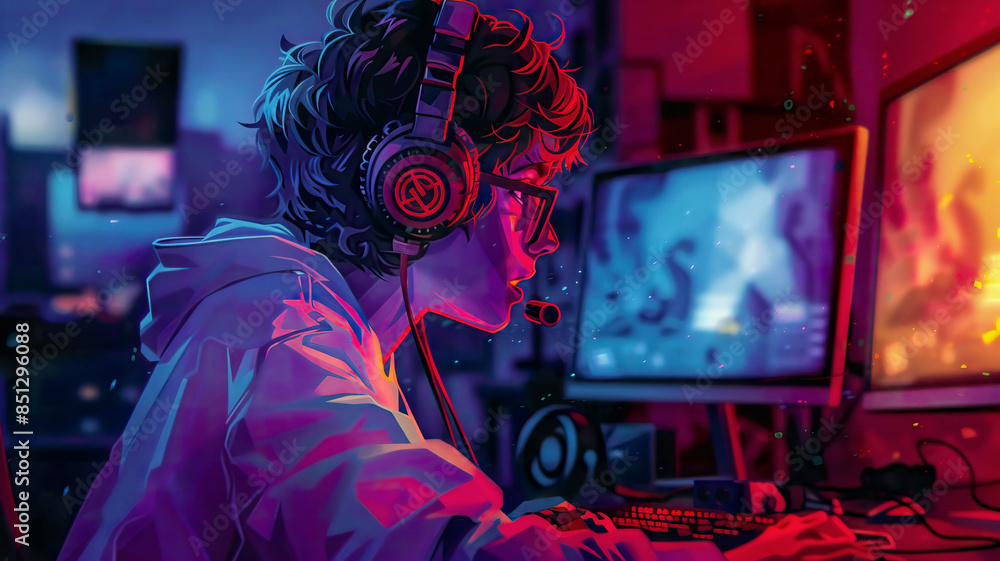 Young gamer with headphones, art, sitting in front of a gaming screen, playing video games, colorful and detailed, modern gaming environment Young gamer with headphones, art, sitting in front of a gaming screen, playing video games, colorful and detailed, modern gaming environment