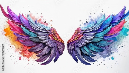 artwork of a neo traditional isolated wings feather,colorful fantasy spray on a white background Marker and spray tattoo design, octane render, super HD,8K