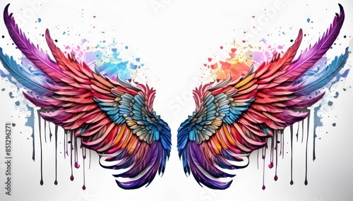 artwork of a neo traditional isolated wings feather,colorful fantasy spray on a white background Marker and spray tattoo design, octane render, super HD,8K
