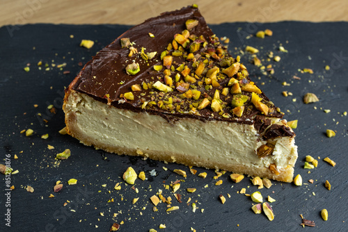 A slice of homemade pistachio cheesecake drizzled with dark chocolate