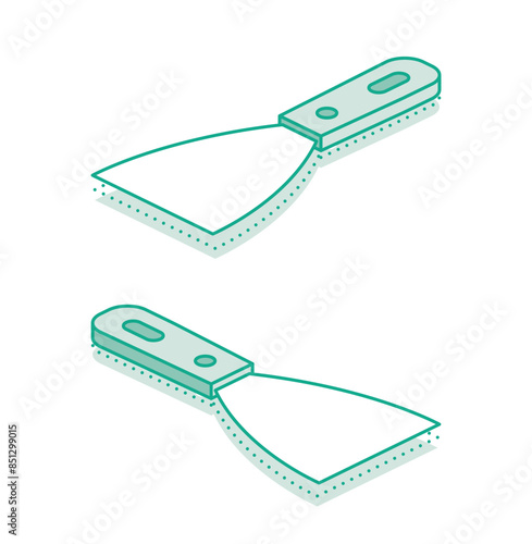 Isometric scraper putty knife. Outline object isolated on white background. Set of putty knifes. Spatula work tool.