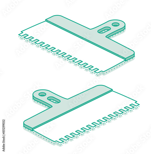 Isometric tiles putty knife. Outline object isolated on white background. Spatula work tool. Notched trowels.