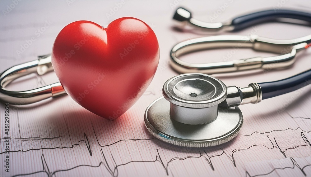 Medical Essentials: Stethoscope, Red Heart, and ECG EKG Close-Up on White Background Medical Essentials: Stethoscope, Red Heart, and ECG EKG Close-Up on White Background
