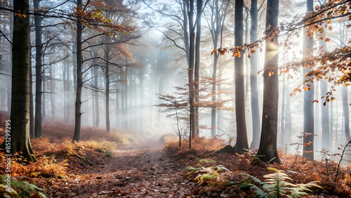 Besondere Lichtstimmung in einem nebligen Wald im Herbst, Panorama Format photo
