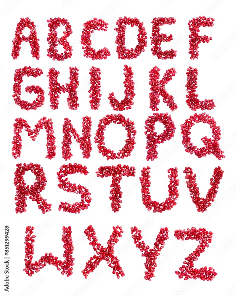 A to Z English Alphabet Capital Letters with Pomegranate Seeds Isolated on White Background with Copy Space A to Z English Alphabet Capital Letters with Pomegranate Seeds Isolated on White Background with Copy Space