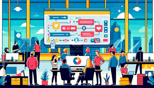 Conceptual concept of an image of a workflow meeting incorporating ChatGPT. Vector illustration.