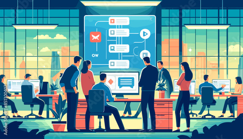 Conceptual concept of an image of a workflow meeting incorporating ChatGPT. Vector illustration.