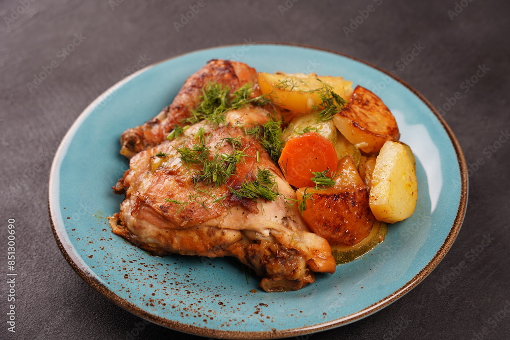 Fototapeta premium Roasted potato and carrot with lemon, garlic, spicy dressing