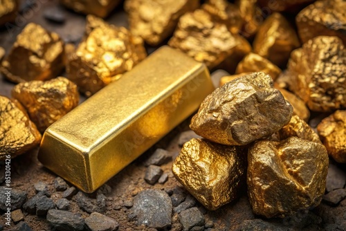 gold bar next to raw ore. Precious metal mining and refine