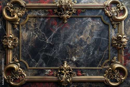 Luxurious Baroque Ornamental Frame with Intricate Gold Detailing on Elegant Marble Background, Perfect for Sophisticated and Classic Decor © MiniMaxi