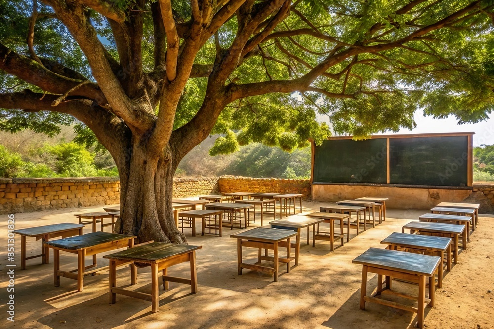 Obraz premium makeshift classroom under tree with chair and board in rural area