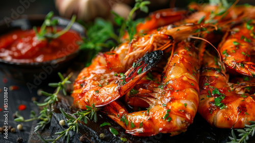 grilled shrimps with herbs and sauce on dark wooden background