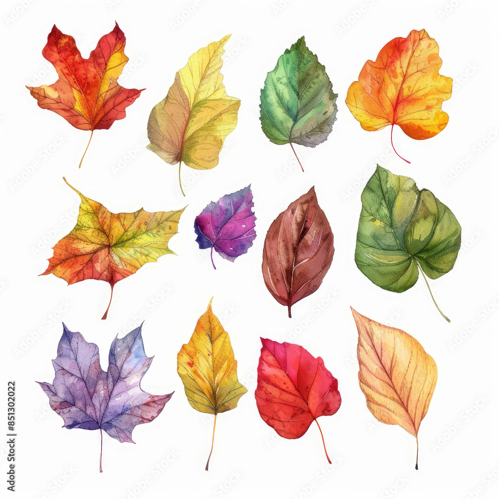 Obraz premium Watercolor painting of a collection of autumn leaves with vibrant colors isolated on a white background