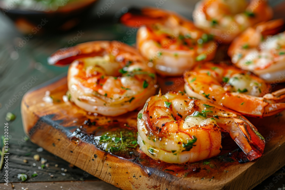 grilled shrimps with herbs and sauce on dark wooden background grilled shrimps with herbs and sauce on dark wooden background