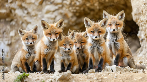 Red fox cubs sitting near their den, observing their surroundings. Scene of wildlife with young wild predators. © Ameer