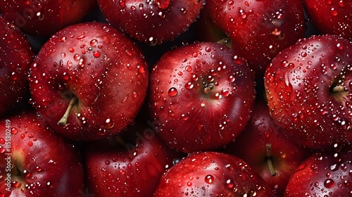 Many ripe juicy red apples covered with water drops as background. 