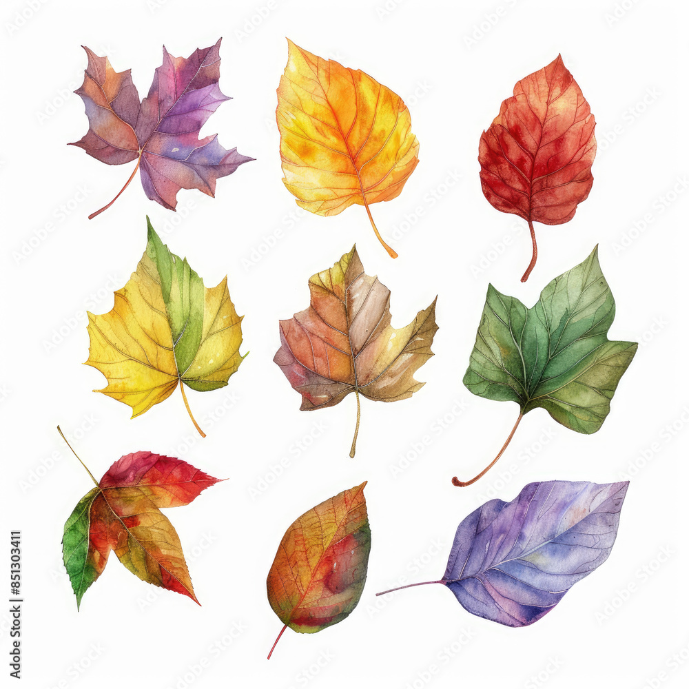 Fototapeta premium Watercolor painting of a collection of autumn leaves with vibrant colors isolated on a white background