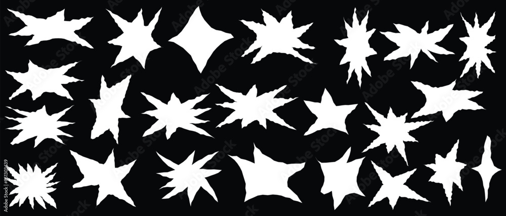 Set of jagged irregular stars shape. Cut out of paper for collages. Grunge elements for design. Vector illustration. isolated on a black background.
Set of jagged irregular stars shape. Cut out of paper for collages. Grunge elements for design. Vector illustration. isolated on a black background.