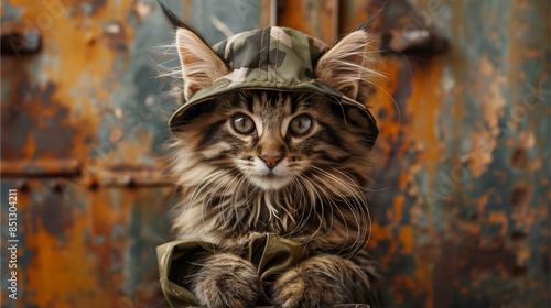 tabby cat wearing a green military pattern hoodie Photoshoot in the studio For fashion lovers of cats photo