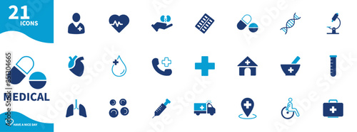 Medical icon. Set of health, hospital, medicine, heart, medical cross, ambulance icons. Solid vector icons