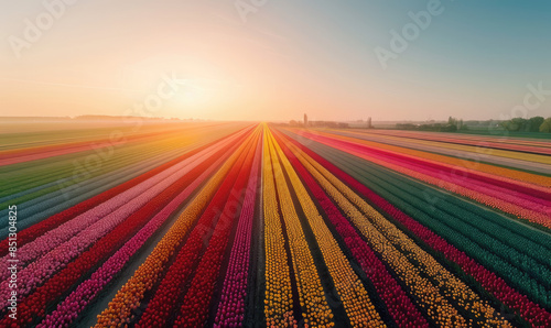 Beautiful colorful tulip fields in the Netherlands, aerial view